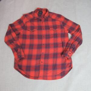 Lucky Brand Shirt Mens Large Orange Plaid Flannel Heavyweight Chore Snap Cabin